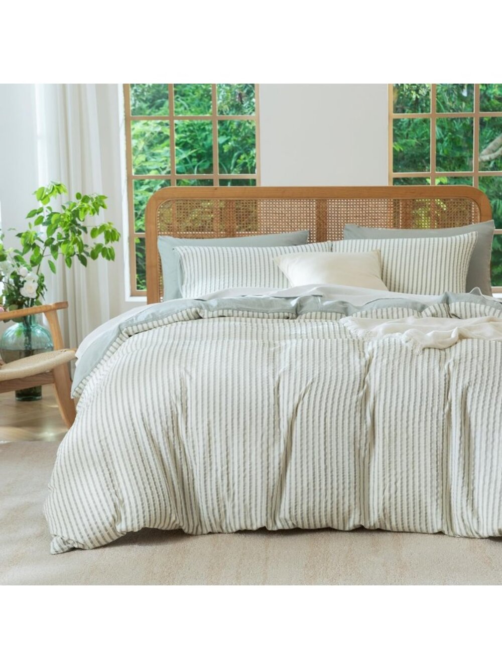 Sage Green Striped King Comforter Set - Soft Microfiber Bedding, 3 Pieces, All